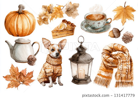 Autumn cozy watercolor set with dog, pumpkin and tea 131417779