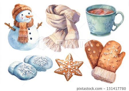 Winter watercolor set with snowman, scarf and cookies 131417780