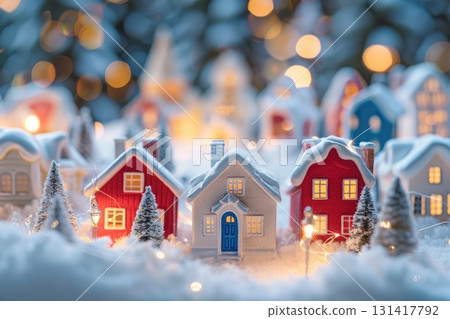 Miniature snowy christmas village with lights 131417792