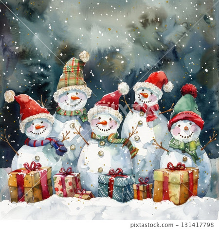 Group of festive snowmen with gifts watercolor Group of festive snowmen with gifts watercolor 131417798