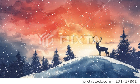 Winter deer silhouette on snowy hill at sunset 131417801