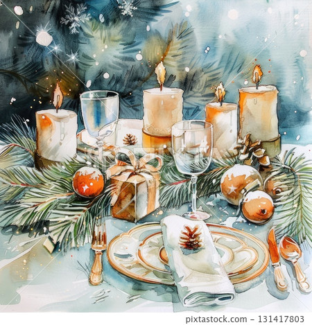 Christmas festive dinner table with candles and gifts 131417803