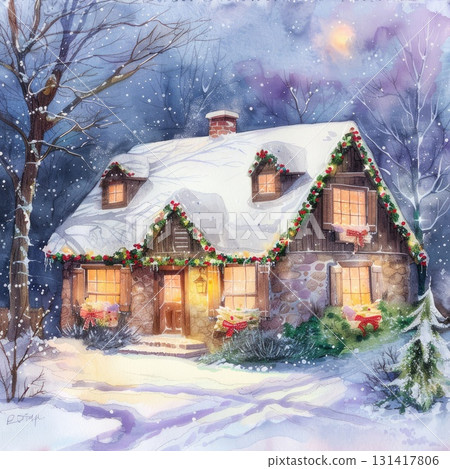 Snowy winter cottage with Christmas lights and garlands 131417806