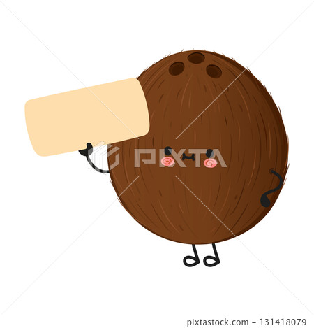 Cute coconut cartoon character holding blank sign Cute coconut cartoon character holding blank sign 131418079