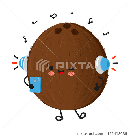 Happy cartoon coconut listening music with headphones 131418086