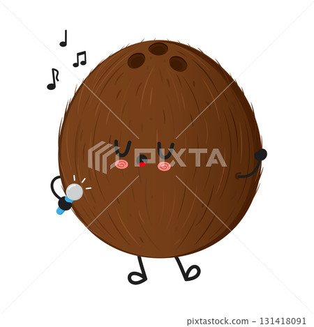 Cute coconut character singing karaoke with microphone 131418091