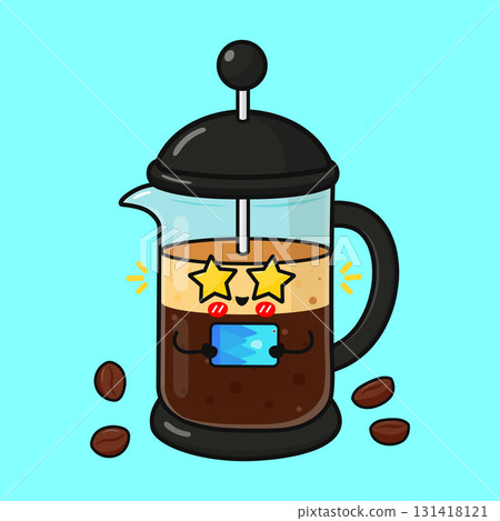 French press coffee pot cartoon using smartphone French press coffee pot cartoon using smartphone 131418121
