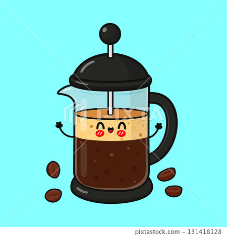 Happy french press coffee maker character cartoon 131418128