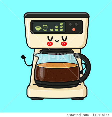Cute smiling coffee maker cartoon character having coffee Cute smiling coffee maker cartoon character having coffee 131418153