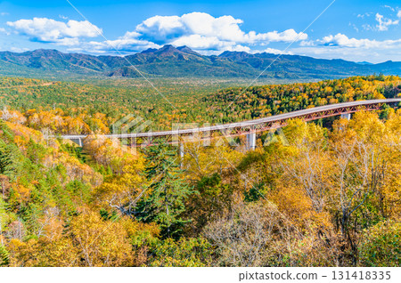 北海道三國嶺:松見橋和大雪山脈,紅葉點綴其間 北海道三國嶺:松見橋和大雪山脈,紅葉點綴其間 131418335