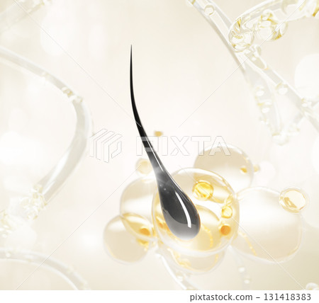 Hair follicle root in clear water splashes with oil bubbles. Keratin shampoo, conditioner or collagen serum, liquid yellow waves with drops. Cosmetic care 3d background, beauty design. 3D illustration Hair follicle root in clear water splashes with oil bubbles. Keratin shampoo, conditioner or collagen serum, liquid yellow waves with drops. Cosmetic care 3d background, beauty design. 3D illustration 131418383