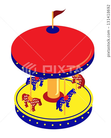 Isometric toy horses on a moving platform at an amusement park. 3D vector isolated on white background 131418692