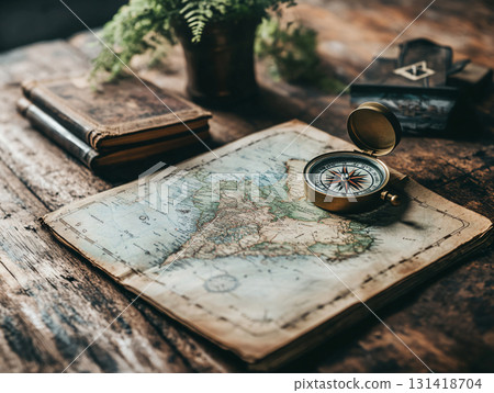 Vintage Notebooks and Compass for a Journey of Stories. Ideal for themes of exploration. AI Generated. 131418704