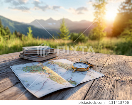 Peaceful Outdoor Workspace with Map and Compass. outdoor lifestyle, and slow living. AI Generated. 131418706