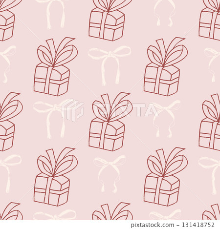 Coquette party celebration crayon seamless pattern. Gift boxes with ribbon endless background. Girly festive bows and gift cover. Surface pattern birthday motif. Vector hand drawn illustration 131418752
