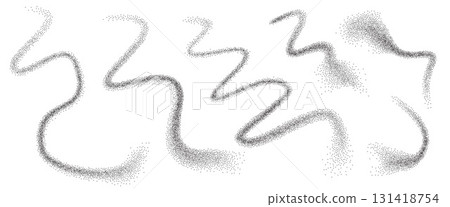 Noise gradation fly stroke shapes set. Grainy texture splash wavy long elements. Dark sand dotwork forms. Vector gritty wavy lines. Grunge food figures 131418754