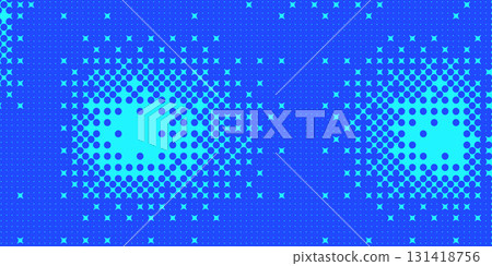 Halftone monochrome bright background. Noise blue gradient design cover. Grainy pixel overlay backdrop. Dots horizontal spotted banner. Vector abstract gradation illustration 131418756