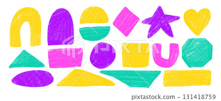 Marker drawn textured geometric shape set. Bold neon colors text boxes kids frames. Oval, circle and heart figures. Vector hand drawn triangles and star stickers shapes. Pencil figures illustration 131418759