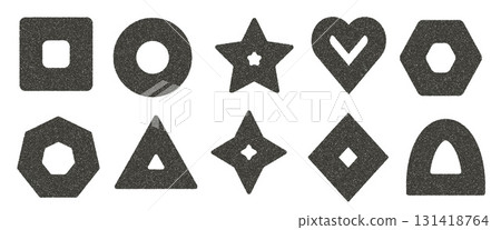 Grunge ink gradient geometric shapes set. Grainy textured y2k elements with hole. Triangle, blinks, star with rhombus and circle brutalist vector gritty forms. Bold stroke geometry icon figures Grunge ink gradient geometric shapes set. Grainy textured y2k elements with hole. Triangle, blinks, star with rhombus and circle brutalist vector gritty forms. Bold stroke geometry icon figures 131418764