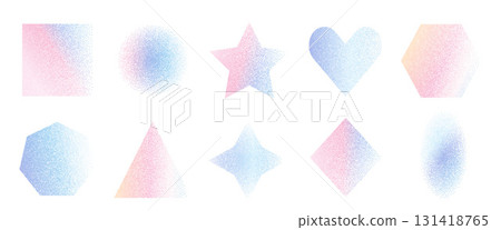 Pink and blue grainy gradation figures. Noise gradient geometric shapes set. Geometry dotwork transition forms. Vector gritty blur stickers. Pastel soft colors geometry callout figures 131418765