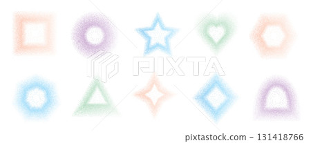 Dust power frames set. Dot work gradient simple geometric border shapes set. Grainy noise textured y2k elements. Triangle, blinks, star with rhombus and circle vector text boxes forms 131418766
