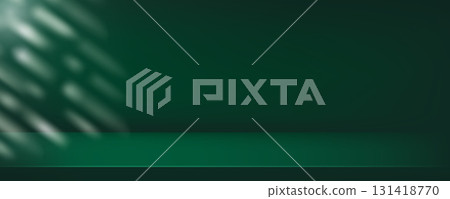 Studio dark green background with step and windows sunlight. Deep neutral warm wall product room. Minimal malachite table scene. Empty desk for cosmetic presentation. Vector gradient illustration 131418770