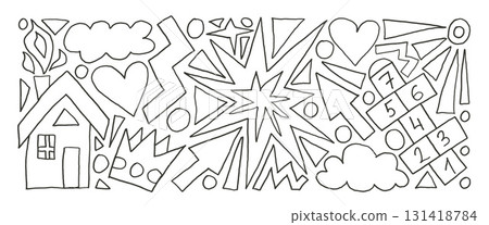 Kids scribble elements pencil drawn set. Cute simple house, hopscotch game, crown and clouds doodle shapes on white background. Kindergarten naive charcoal brush stroke figures. Vector illustration 131418784