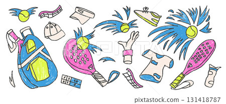 Padel tennis crayon elements set. Racket, ball, sport clothing hand drawn doodle isolated on white background. Scribble sport pack. Vector fitness and active hobby illustration by pencil Padel tennis crayon elements set. Racket, ball, sport clothing hand drawn doodle isolated on white background. Scribble sport pack. Vector fitness and active hobby illustration by pencil 131418787