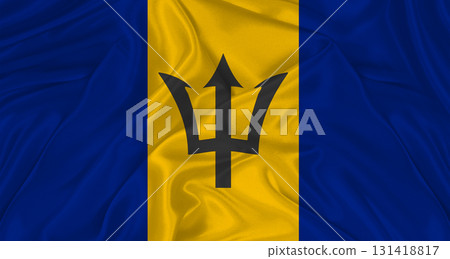 Flag of Barbados with cloth texture. Close up of Barbados flag waving 131418817