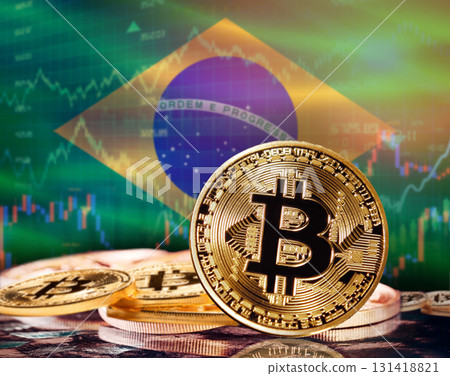 Bitcoin with Brazil flag in the background. Investors in cryptocurrency and Blockchain Technology in Brazil, Concept Bitcoin with Brazil flag in the background. Investors in cryptocurrency and Blockchain Technology in Brazil, Concept 131418821
