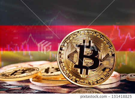 Bitcoin with Germany flag in the background. Investors in cryptocurrency and Blockchain Technology in Germany, Concept 131418825