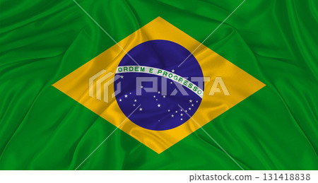 Flag of Brazil with cloth texture. Close up of Brazil flag waving 131418838