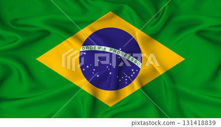 Realistic Brazil flag waving. Close up of flag of Brazil with cloth texture 131418839