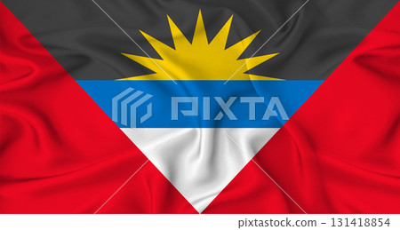 Realistic Antigua and Barbudan flag waving. Close up of flag of Antigua and Barbuda with cloth texture 131418854