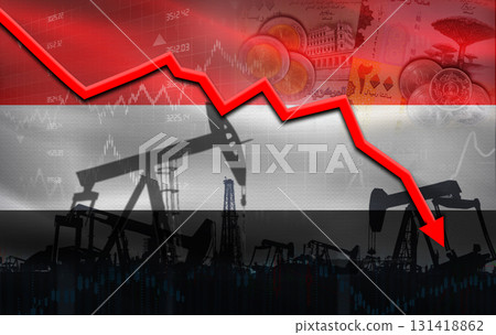 Petroleum crisis with Yemen flag on financial graph. Fall oil price with flag of Yemen on economic chart 131418862