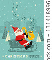 Christmas Jazz hand drawn cute vector poster. Funny Santa saxophonist in sleigh play Christmas melody on sax cartoon design illustration. Winter holiday season jazz live music concert event background 131418996