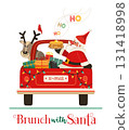 Brunch with Santa Funny Festive event vector poster. Cute Santa deliver pancakes in red truck. Fun breakfast Christmas kids enjoy. New Year eve festive menu invitation background cartoon illustration 131418998