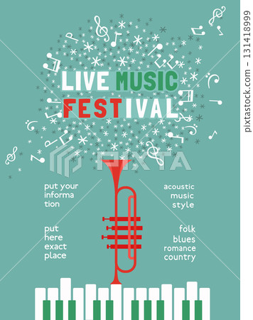 Winter Season Holidays Live Music Festival event vector poster template. Piano, trumpet silhouette, snowflake cartoon illustration. Christmas Jazz Night Fest Music performance, celebration background 131418999