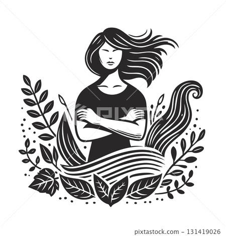 strong confident woman surrounded by leaves, idea female empowerment and natural beauty. strong confident woman surrounded by leaves, idea female empowerment and natural beauty. 131419026
