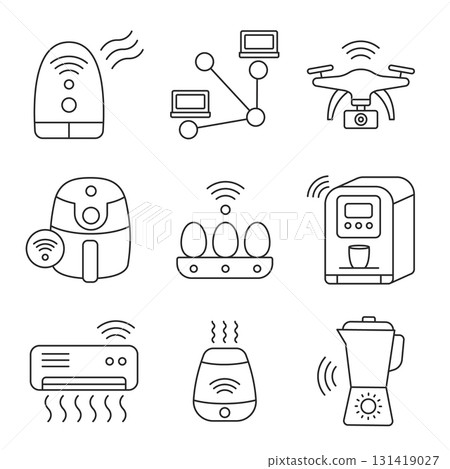 Smart technology line icon set with wireless connectivity, IoT automation, and modern digital devices, vector. Smart technology line icon set with wireless connectivity, IoT automation, and modern digital devices, vector. 131419027