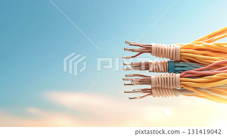 Energetic abstract tech background featuring electrical wires and colorful fiber optics in motion. AI Generated. Energetic abstract tech background featuring electrical wires and colorful fiber optics in motion. AI Generated. 131419042