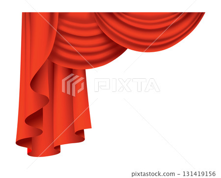 Red curtains realistic. Theater fabric silk decoration for movie cinema or opera hall. Curtains and draperies interior decoration object. Isolated on transparent for theater stage 131419156