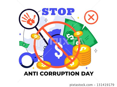 International Anti Corruption Day Illustration Featuring a Stop Giving Money Message with Dollar Coins, Prohibition Sign, and Chains in a Background 131419179