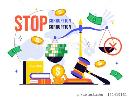International Anti Corruption Day Illustration Featuring a Stop Giving Money Message with Dollar Coins, Prohibition Sign, and Chains in a Background 131419181