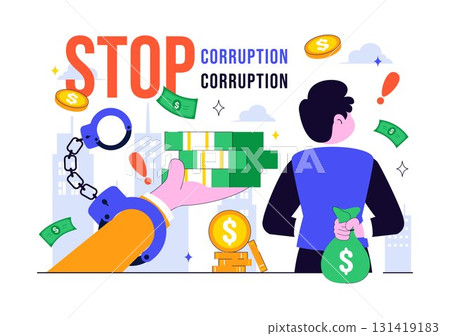 International Anti Corruption Day Illustration Featuring a Stop Giving Money Message with Dollar Coins, Prohibition Sign, and Chains in a Background 131419183