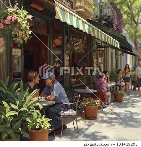 A view of an open cafe bathed in gentle sunlight 131419205