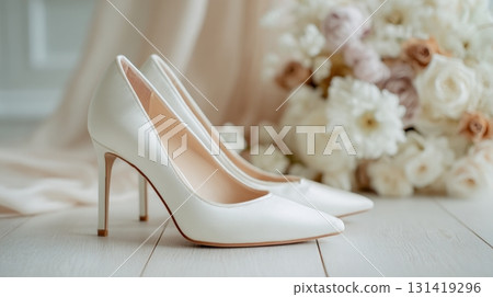 White heels by flowers 131419296
