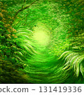 illustration of Lush green pathway through a vibrant forest surrounded by dense greenery 131419336