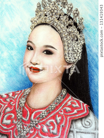 Colored pencil paintings, Asian woman wearing Thai classical dance clothes, Thai traditional dress costumes Colored pencil paintings, Asian woman wearing Thai classical dance clothes, Thai traditional dress costumes 131419343