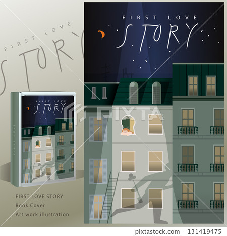 A vector flat illustration of a woman standing by the window of a Western-style apartment at night, waiting for her lover. Recommended for novel covers. 131419475